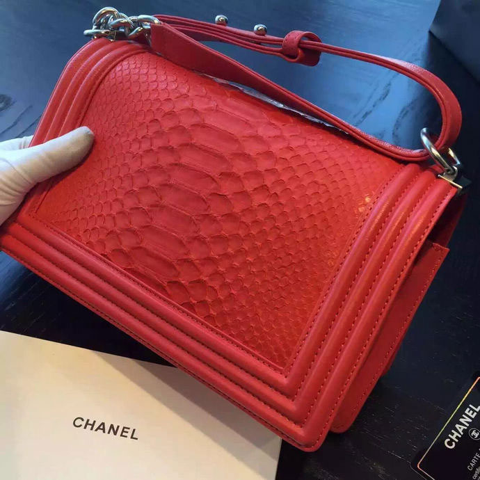 2015 Boy Chanel Flap Shoulder Bag Python Leather A66095 Red with Silver