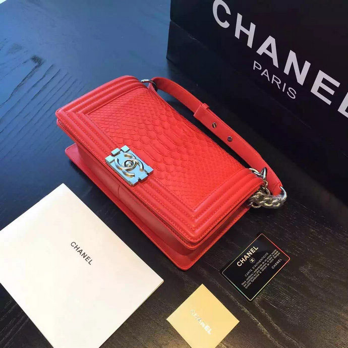 2015 Boy Chanel Flap Shoulder Bag Python Leather A66095 Red with Silver