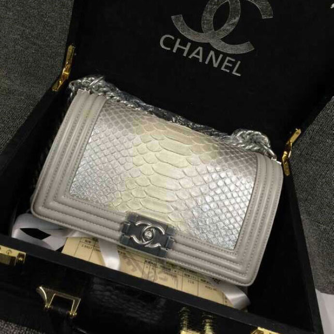 2015 Boy Chanel Flap Shoulder Bag Python Leather A66095 Silver