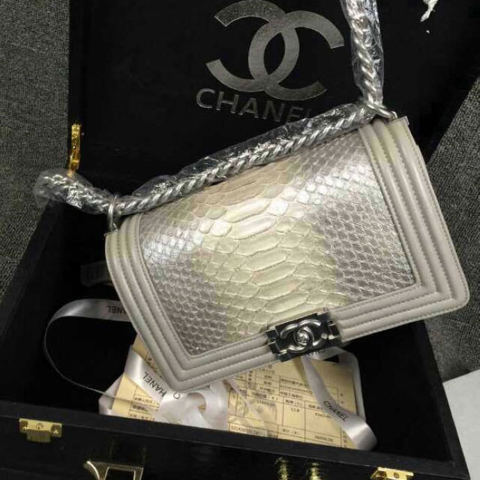 2015 Boy Chanel Flap Shoulder Bag Python Leather A66095 Silver