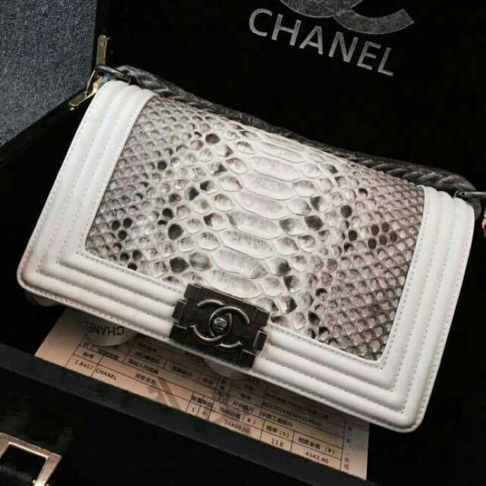 2015 Boy Chanel Flap Shoulder Bag Python Leather A66095 White