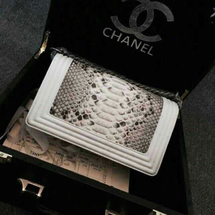 2015 Boy Chanel Flap Shoulder Bag Python Leather A66095 White