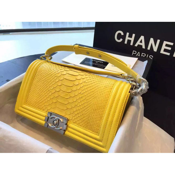 2015 Boy Chanel Flap Shoulder Bag Python Leather A66095 Yellow with Silver