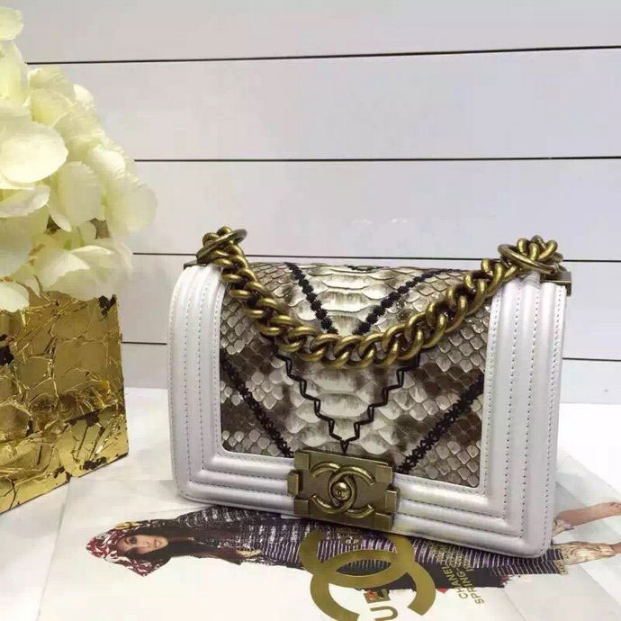 2015 Boy Chanel Flap Shoulder Bag Python Leather A67085 White