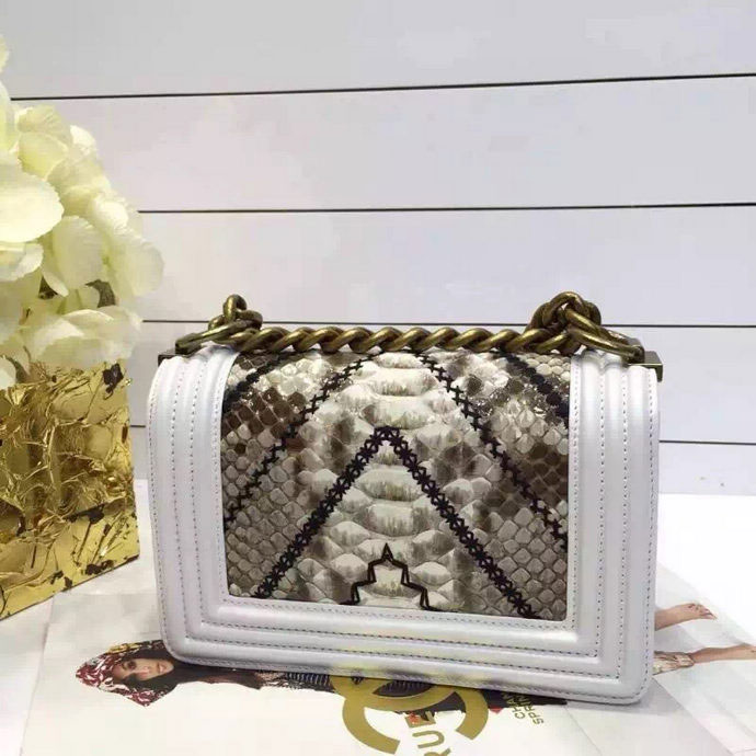 2015 Boy Chanel Flap Shoulder Bag Python Leather A67085 White