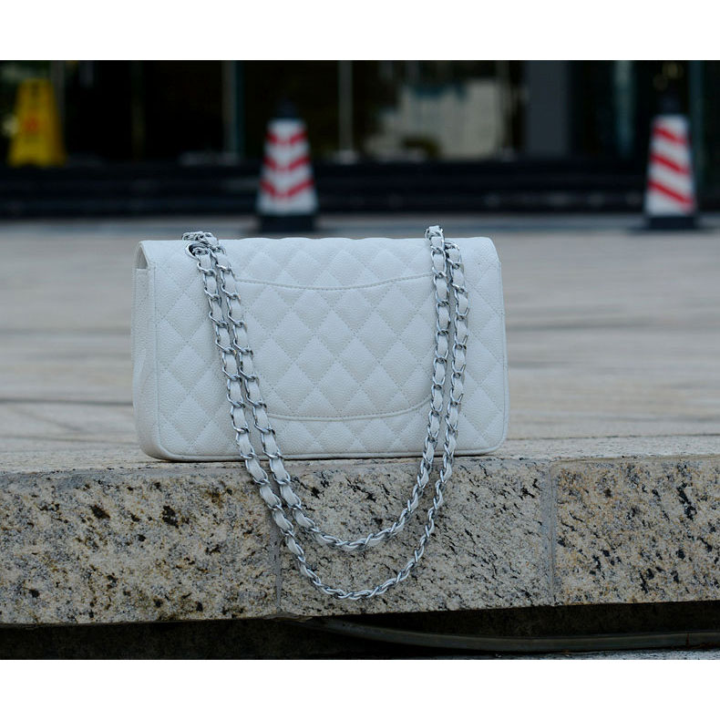 2015 Chanel 1112 Flap Bag Caviar Leather White with Silver