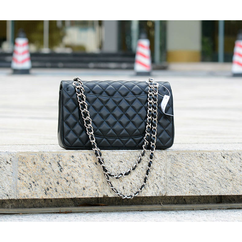 2015 Chanel 1112 Flap Bag Original Sheepskin Leather Black with Silver