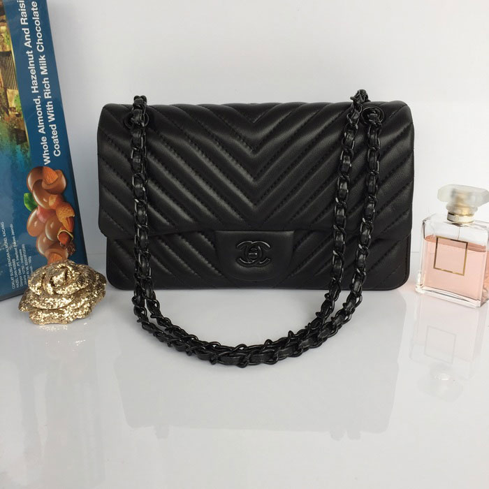 2015 Chanel 2.55 Series Flap Bag Original Sheepskin Chevron Leather A1112 Black