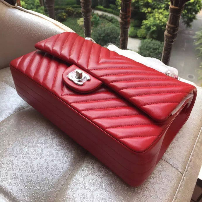 2015 Chanel 2.55 Series Flap Bag Original Sheepskin Chevron Leather A1112 Red