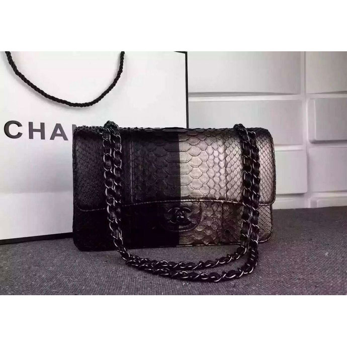 2015 Chanel 2.55 Series Flap Bag Python Leather A1112 Black&Bronze