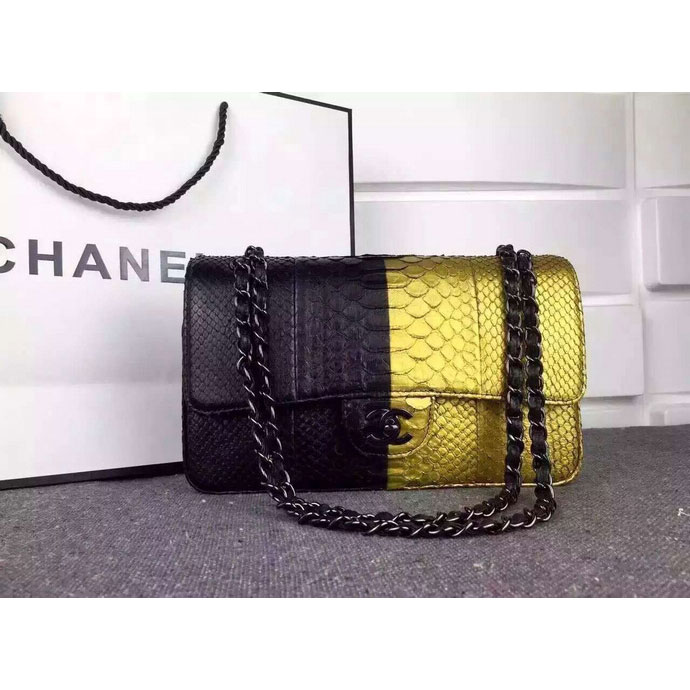 2015 Chanel 2.55 Series Flap Bag Python Leather A1112 Black&Gold