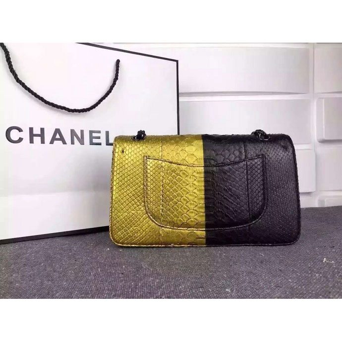 2015 Chanel 2.55 Series Flap Bag Python Leather A1112 Black&Gold