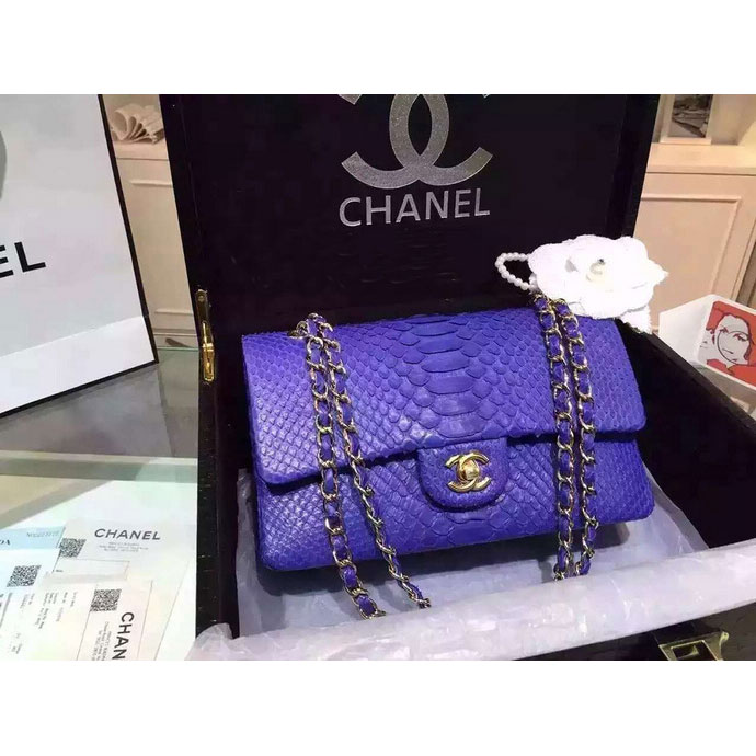 2015 Chanel 2.55 Series Flap Bag Python Leather A1112 Blue with Gold