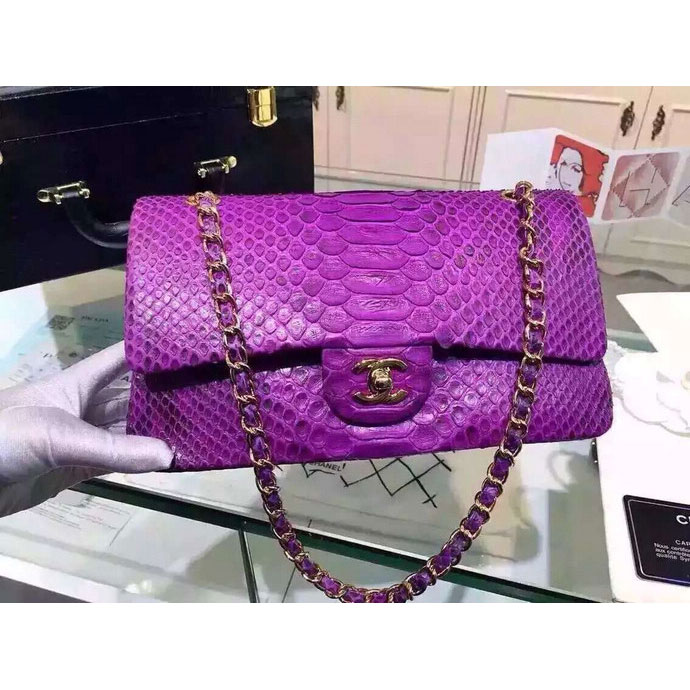 2015 Chanel 2.55 Series Flap Bag Python Leather A1112 Purple with Gold