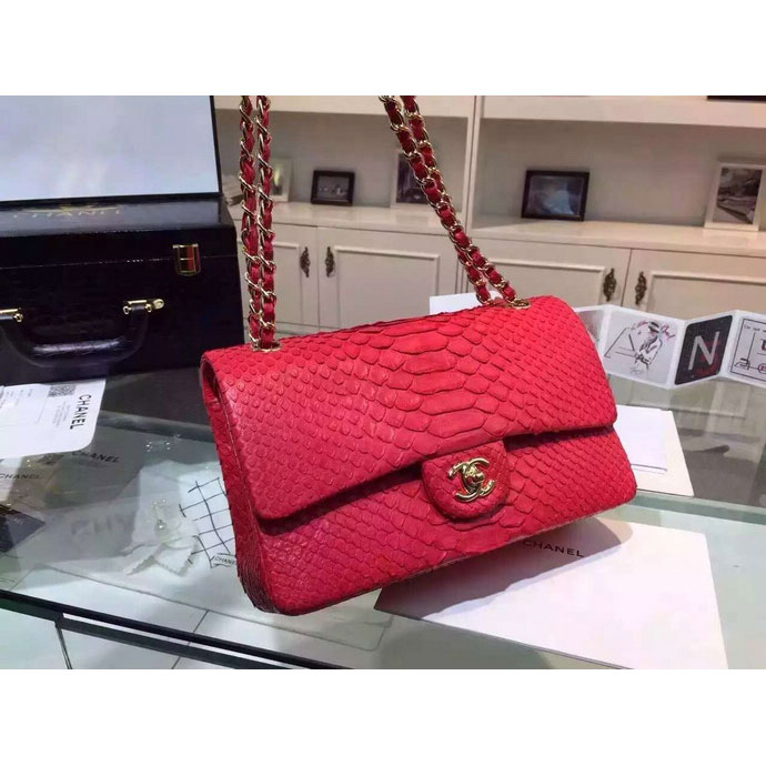 2015 Chanel 2.55 Series Flap Bag Python Leather A1112 Red with Gold