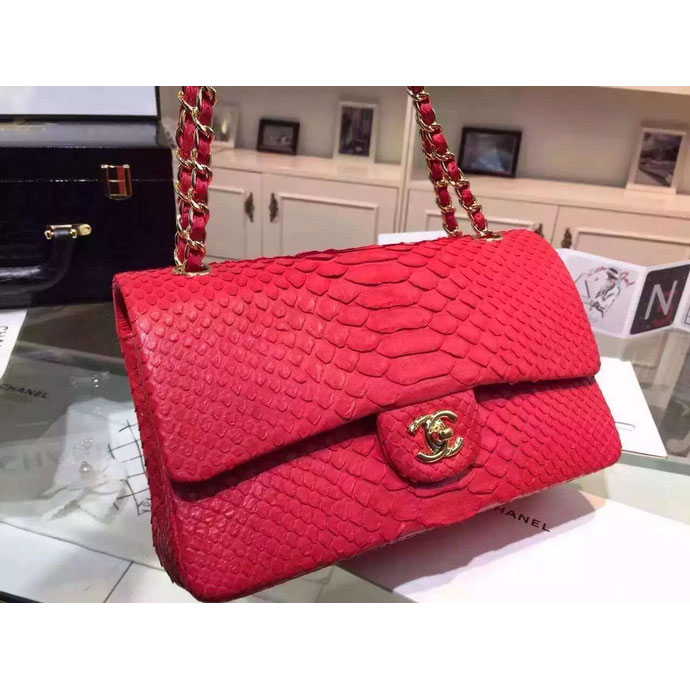 2015 Chanel 2.55 Series Flap Bag Python Leather A1112 Red with Gold