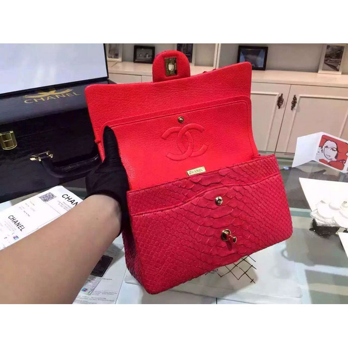 2015 Chanel 2.55 Series Flap Bag Python Leather A1112 Red with Gold