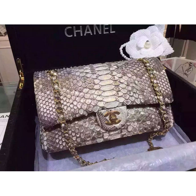 2015 Chanel 2.55 Series Flap Bag Python Leather A1112 White with Gold