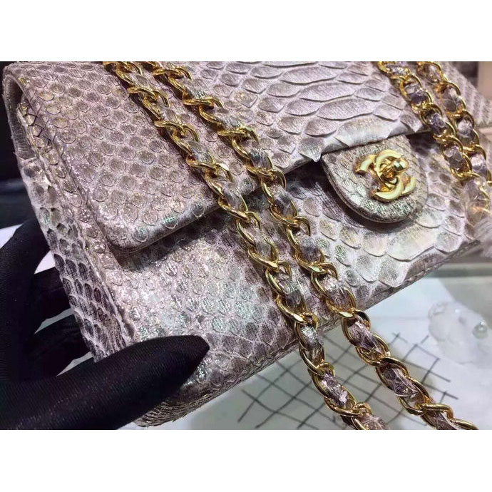 2015 Chanel 2.55 Series Flap Bag Python Leather A1112 White with Gold