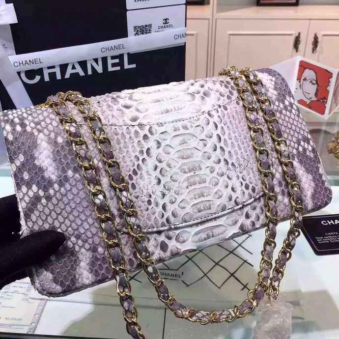 2015 Chanel 2.55 Series Flap Bag Python Leather A1112 White with Gold