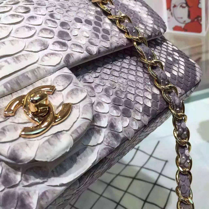 2015 Chanel 2.55 Series Flap Bag Python Leather A1112 White with Gold