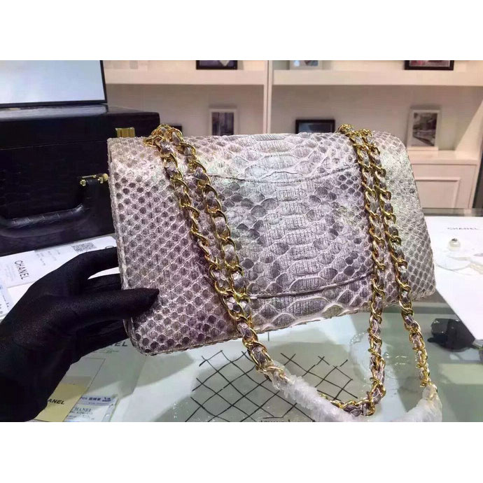 2015 Chanel 2.55 Series Flap Bag Python Leather A1112 White with Gold