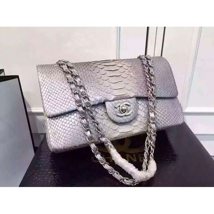 2015 Chanel 2.55 Series Flap Bag Python Leather A1112 GrayWhite with Silver