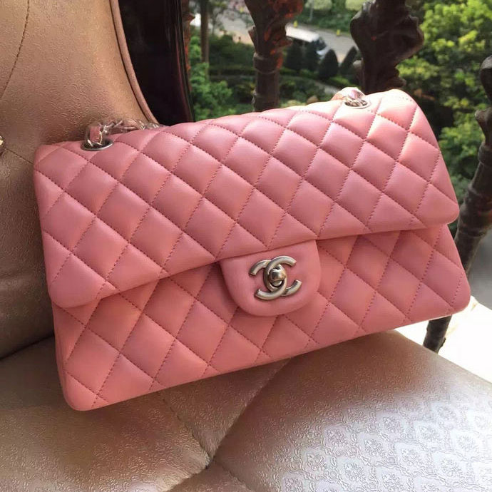 2015 Chanel A1112 Flap Bag Original Sheepskin Leather Pink with Silver