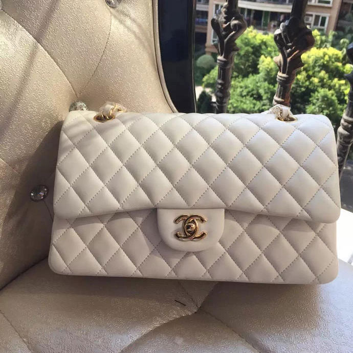 2015 Chanel A1112 Flap Bag Original Sheepskin Leather White with Gold