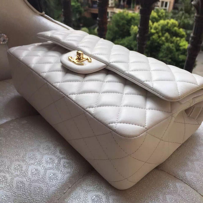 2015 Chanel A1112 Flap Bag Original Sheepskin Leather White with Gold