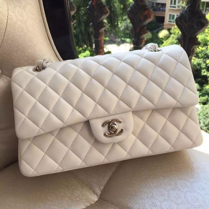 2015 Chanel A1112 Flap Bag Original Sheepskin Leather White with Silver