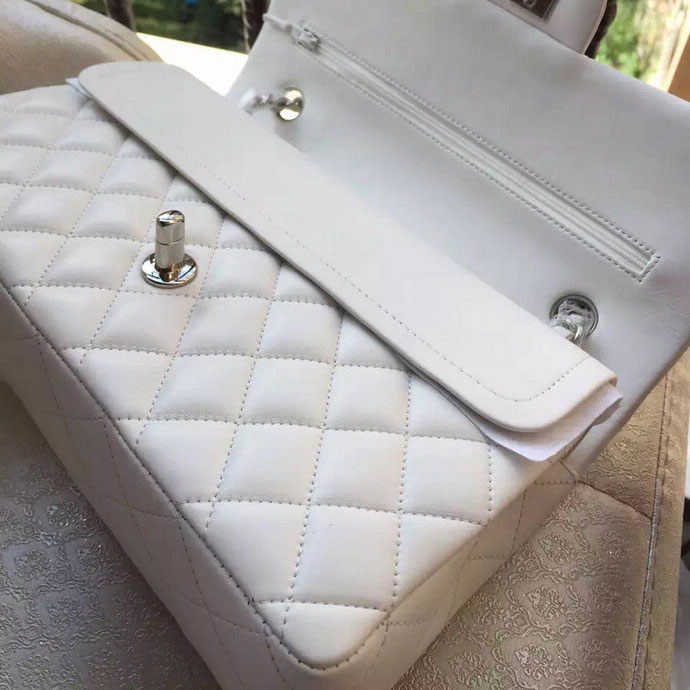 2015 Chanel A1112 Flap Bag Original Sheepskin Leather White with Silver