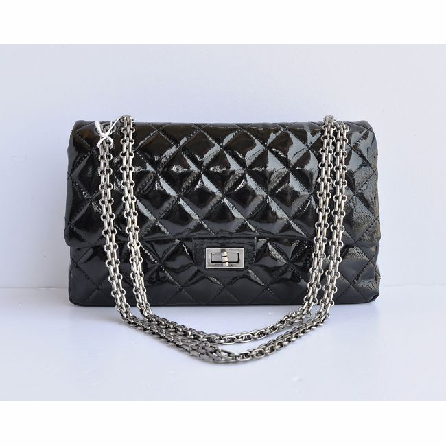 2015 Chanel A30226 Black Patent Leather Flap Bag Antique Silver