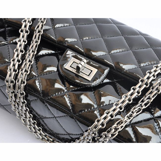 2015 Chanel A30226 Black Patent Leather Flap Bag Antique Silver