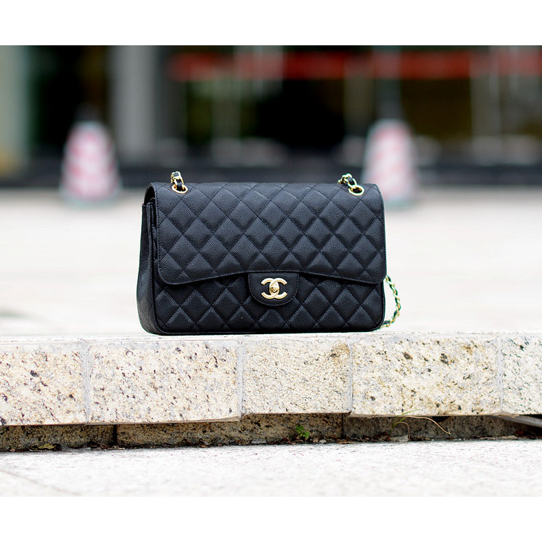 2015 Chanel A58600 Caviar leather Classic Flap Bag in Black with Gold