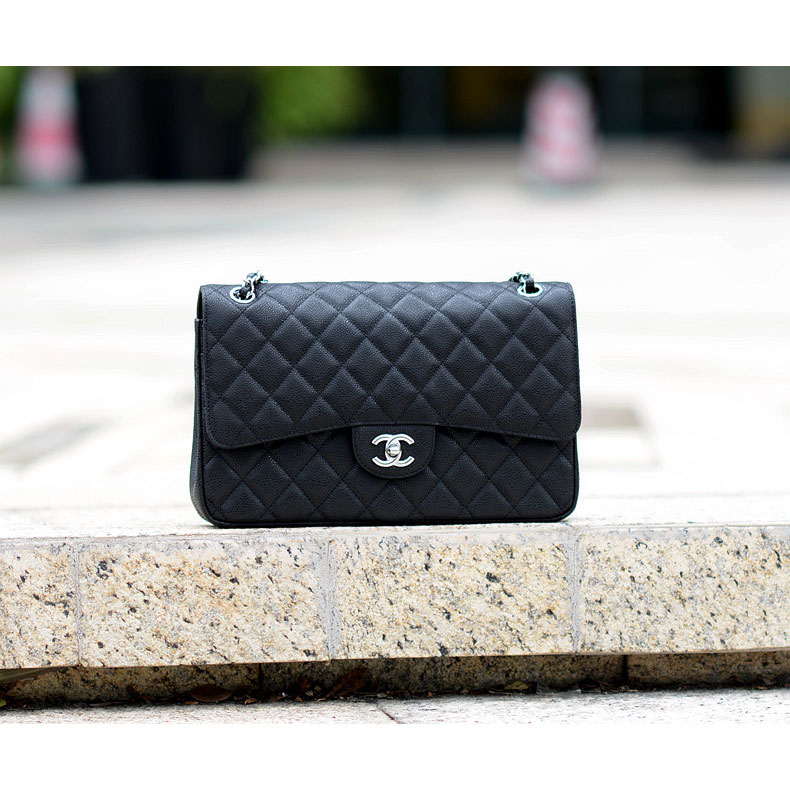 2015 Chanel A58600 Caviar leather Classic Flap Bag in Black with Silver