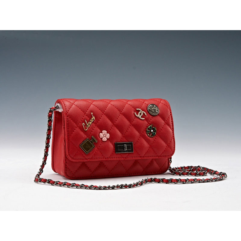 2015 Chanel Badge Bag Flap Shoulder Bag Sheepskin Leather A8878 Red