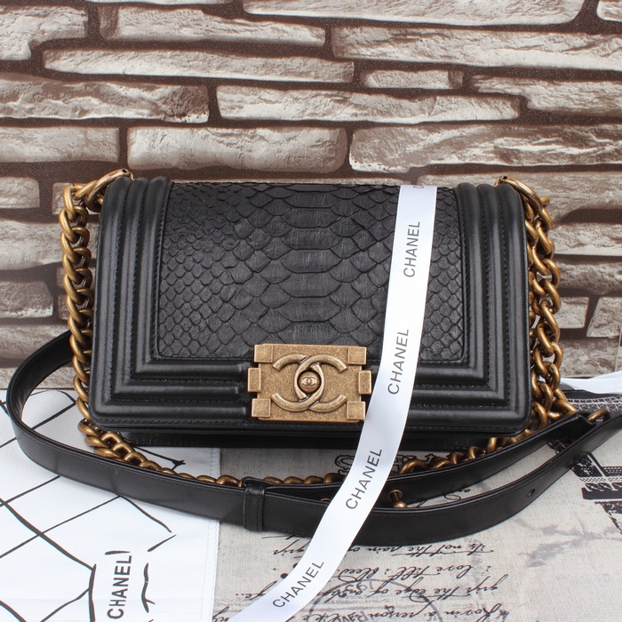 2015 Chanel Boy Flap Shoulder Bag Black Original Snake Leather A67086 Gold