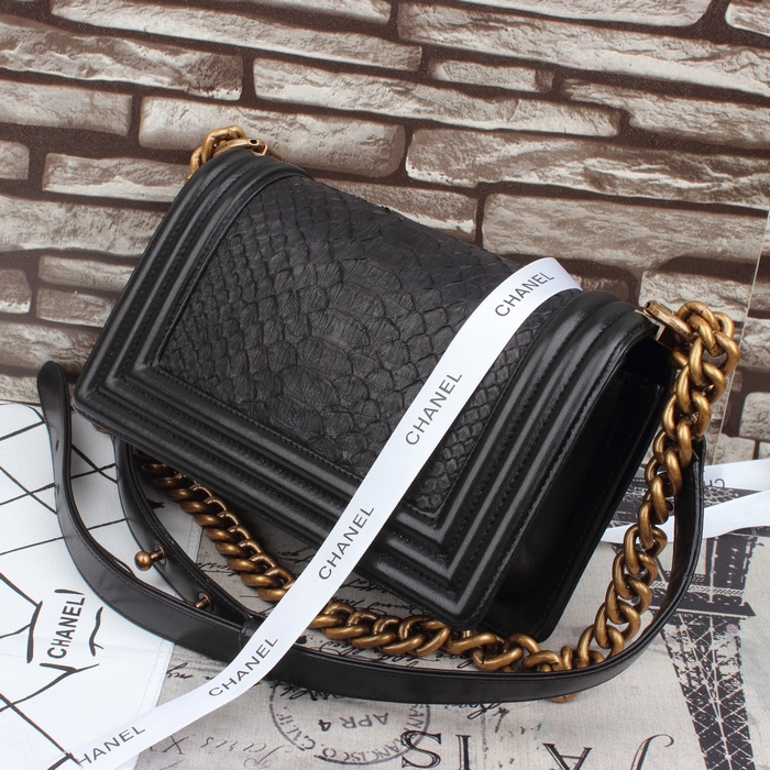 2015 Chanel Boy Flap Shoulder Bag Black Original Snake Leather A67086 Gold