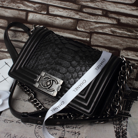 2015 Chanel Boy Flap Shoulder Bag Black Original Snake Leather A67086 Silver