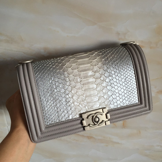 2015 Chanel Boy Flap Shoulder Bag Grey Original Snake Leather A67086 Silver