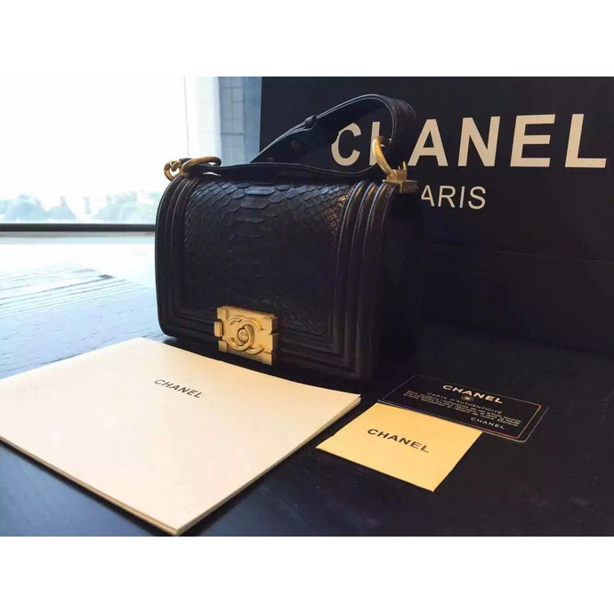 2015 Chanel Boy Flap Shoulder Bag Python Leather A66094 Black