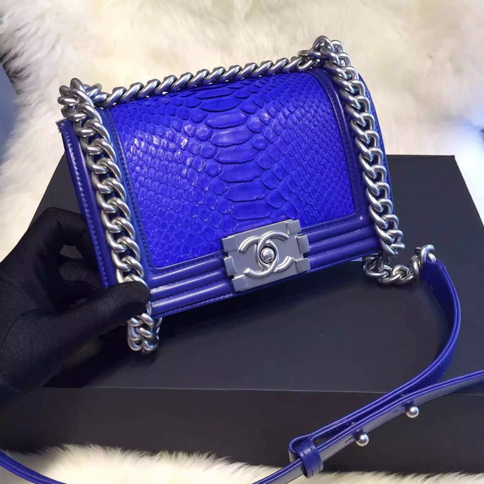 2015 Chanel Boy Flap Shoulder Bag Python Leather A66094 Blue