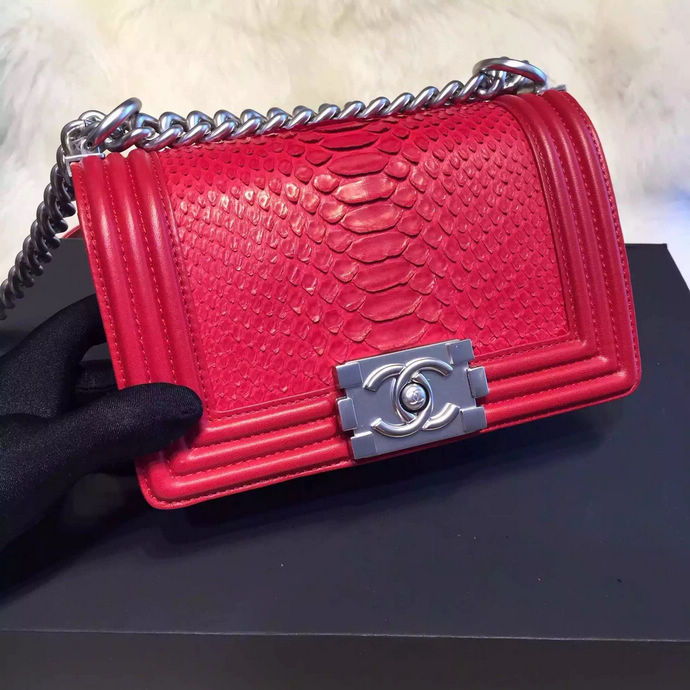 2015 Chanel Boy Flap Shoulder Bag Python Leather A66094 DarkRed