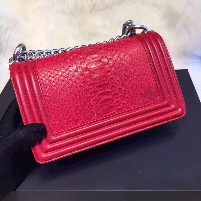 2015 Chanel Boy Flap Shoulder Bag Python Leather A66094 DarkRed