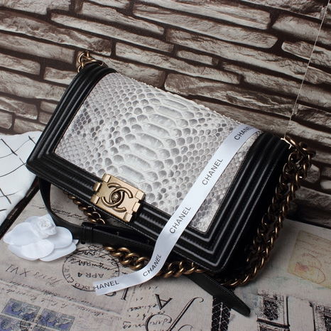 2015 Chanel Boy Flap Shoulder Bag White Original Snake Leather A67086 Gold