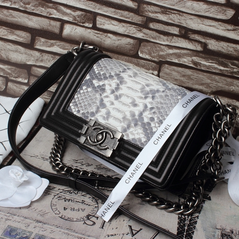 2015 Chanel Boy Flap Shoulder Bag White Original Snake Leather A67086 Silver