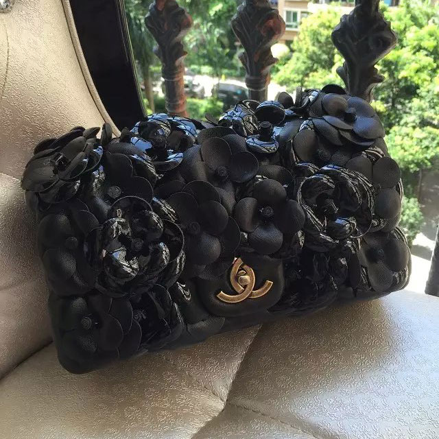 2015 Chanel Camellia Flap Bag Original Sheepskin Leather A92787 Black