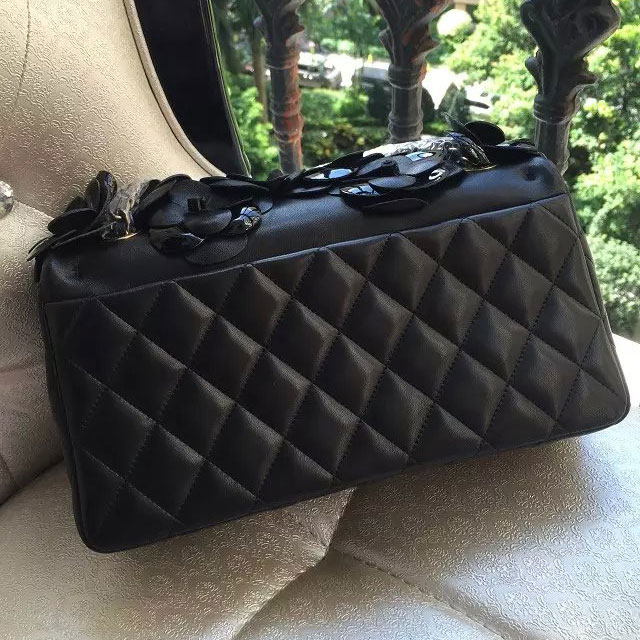 2015 Chanel Camellia Flap Bag Original Sheepskin Leather A92787 Black