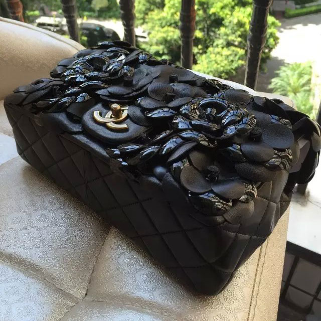 2015 Chanel Camellia Flap Bag Original Sheepskin Leather A92787 Black